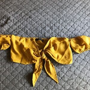yellow crop top, ties in front